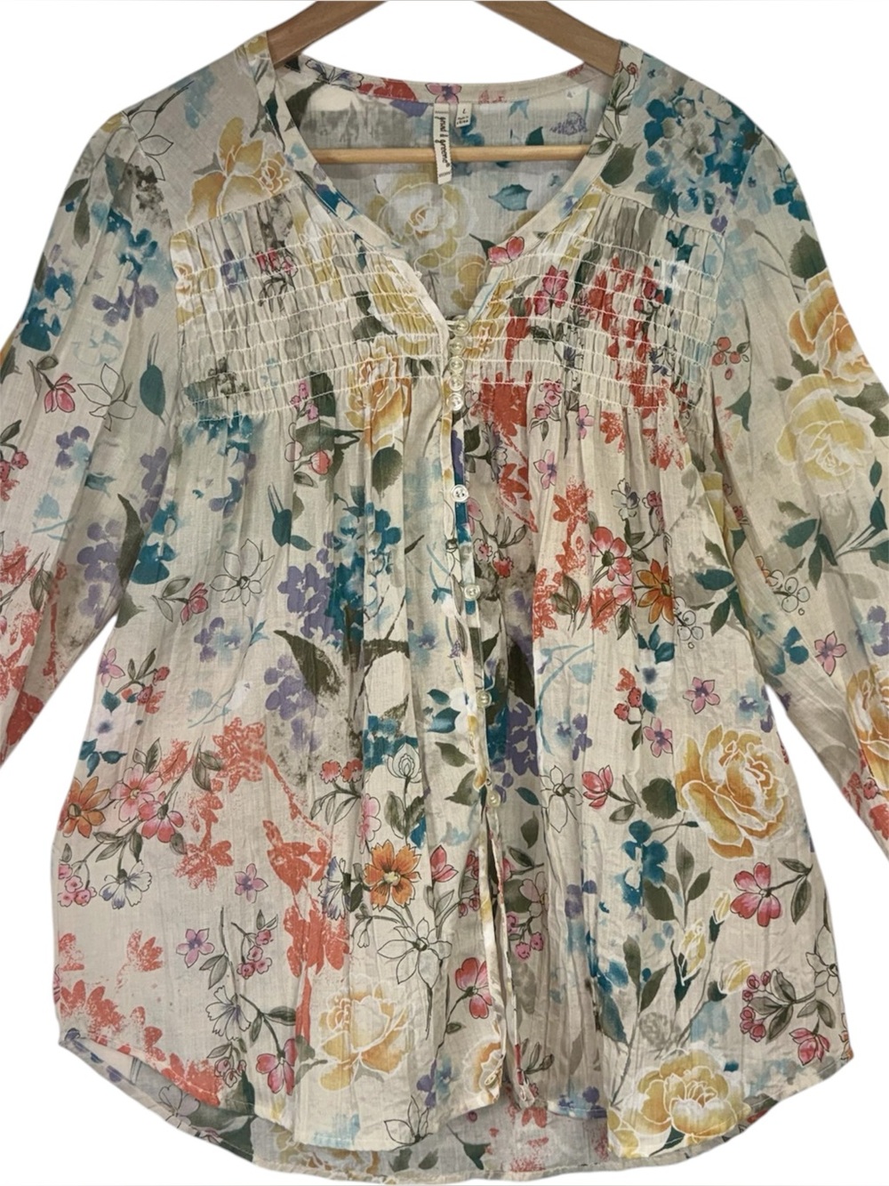 GRAND & GREENE Button Down Top Large Womans Ivory Boho Cottagecore Blouse